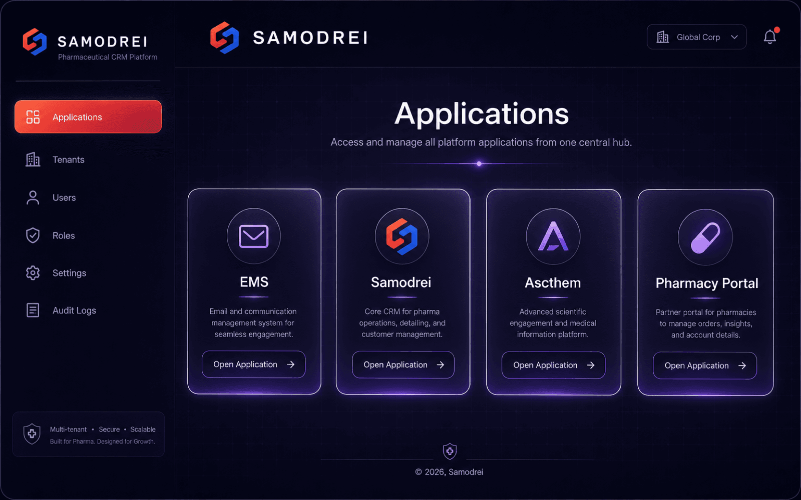 Samodrei · Multi-tenant CRM — project visual